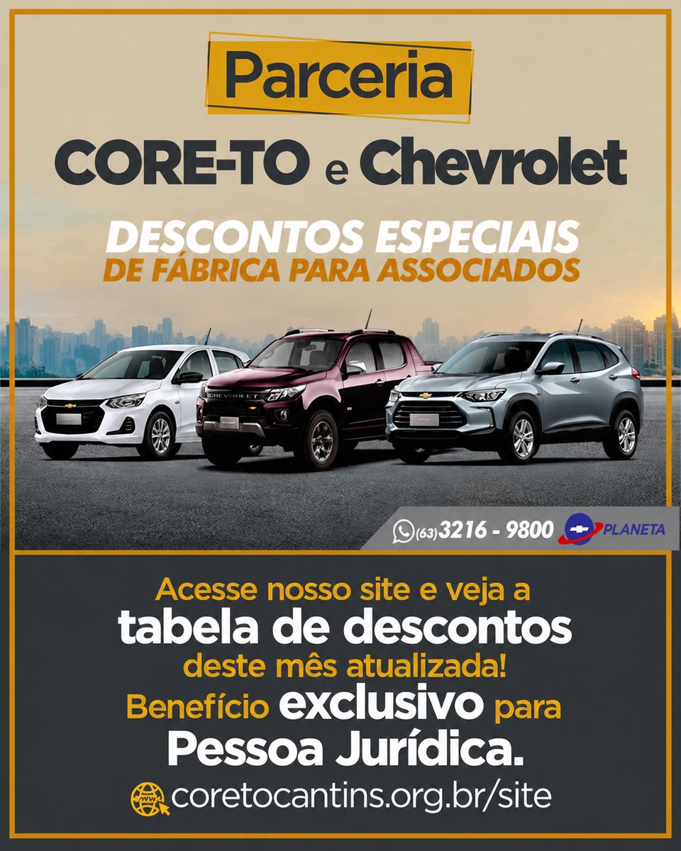Parceria CORE-TO e Chevrolet: descontos especiais para representantes comerciais.